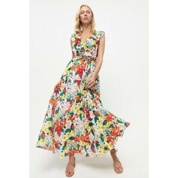 J. Crew Ruffle-Front Maxi Dress In Ratti Island Botanical Print Pockets Size‎ 12 - Picture 2 of 13